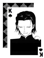 A young man with menacing eyes dressed in pure black, a mouse on his shoulder.